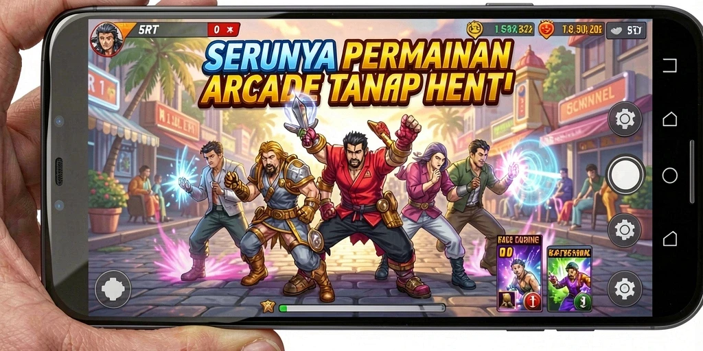 Tangkapan layar dari permainan 5RT yang menunjukkan aksi seru dalam gameplay Arcade.