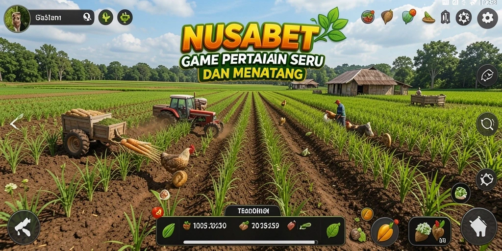 Tampilan gameplay NUSABET dengan berbagai aktivitas pertanian.