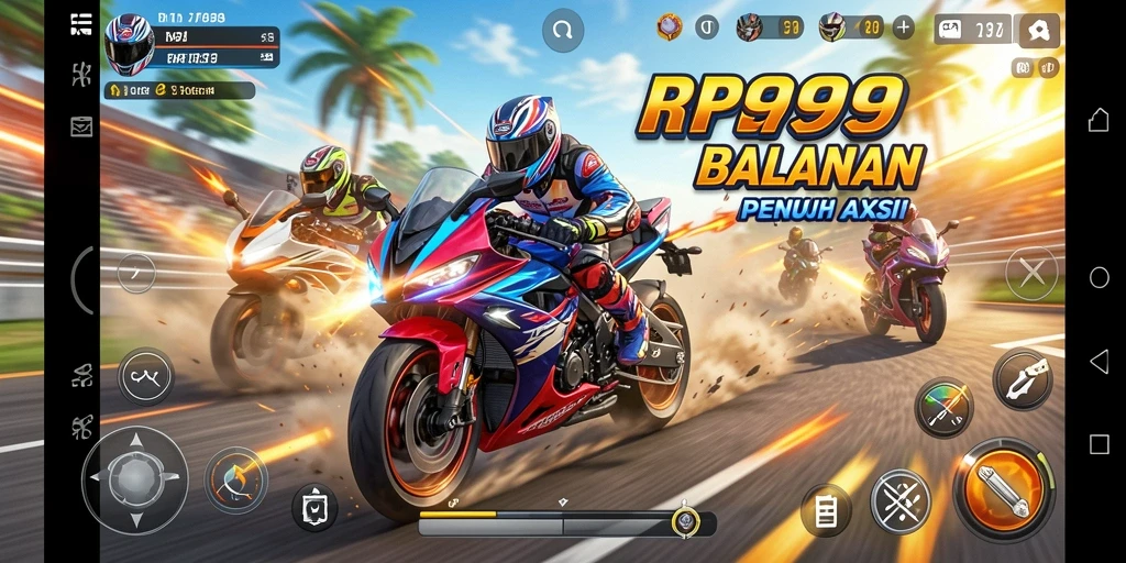 Screenshot gameplay RR999 yang menampilkan balapan motor penuh aksi.