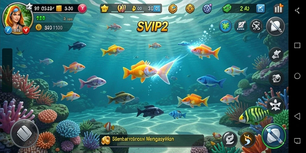 Screenshot utama menunjukkan gameplay seru SVIP2 dengan aksi menembak ikan.
